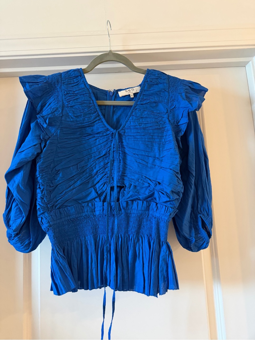 Sea New York Bright Blue Ruffled V-Neck Peplum Blouse